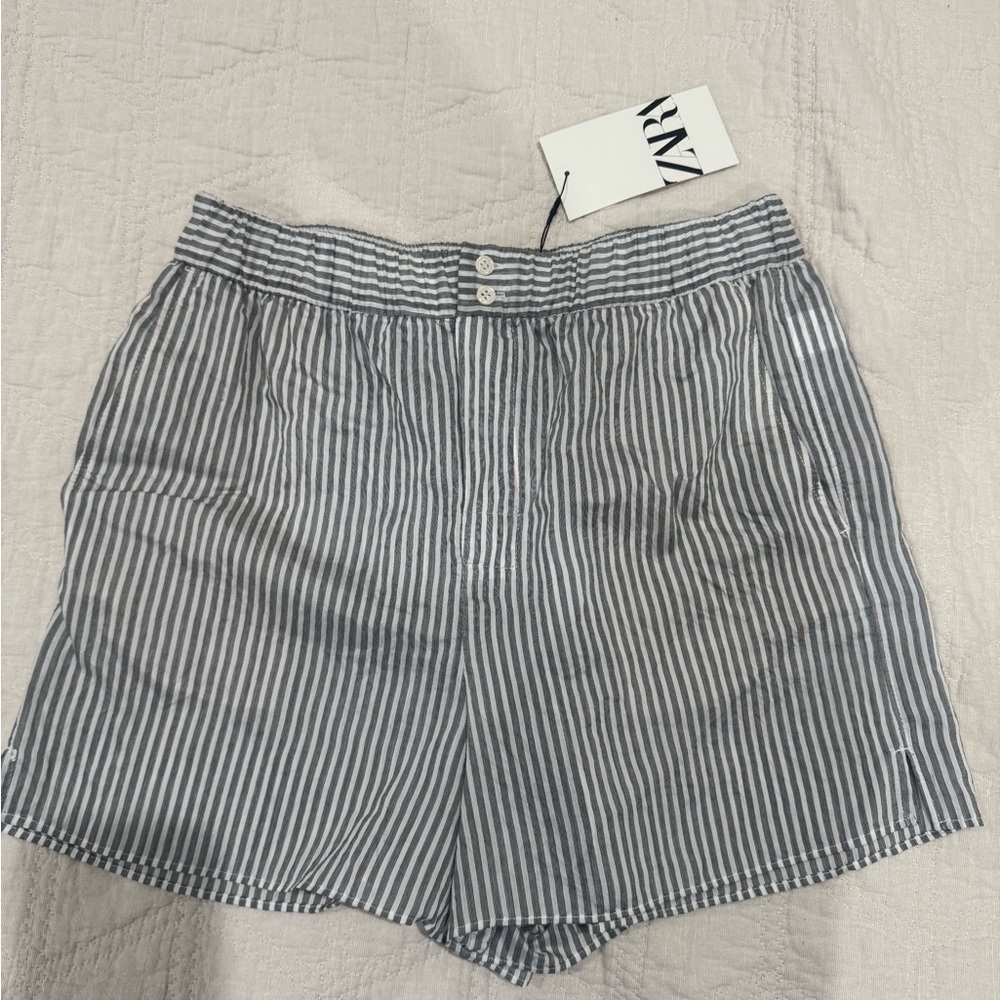 Zara Blue/Gray Linen Bermudas Classic Style Shorts